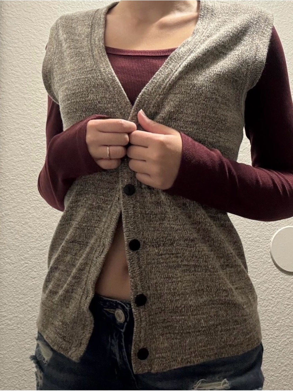 Grey/Beige Button Down Sweater Cardigan Vest V Neck